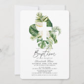 Tropische Witte Hibiscus & Kruis Botanische Doop Kaart (Voorkant)