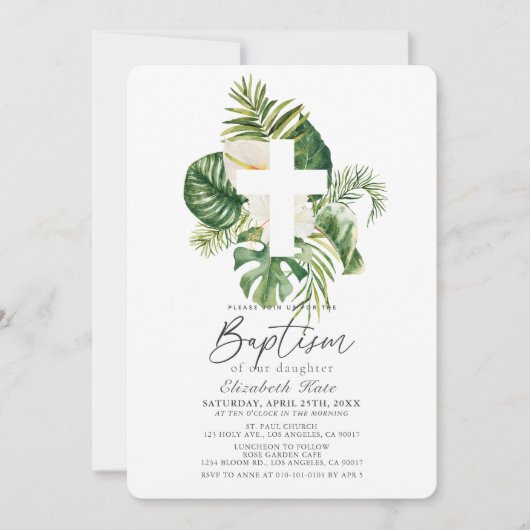 Tropische Witte Hibiscus & Kruis Botanische Doop Kaart (Voorkant)