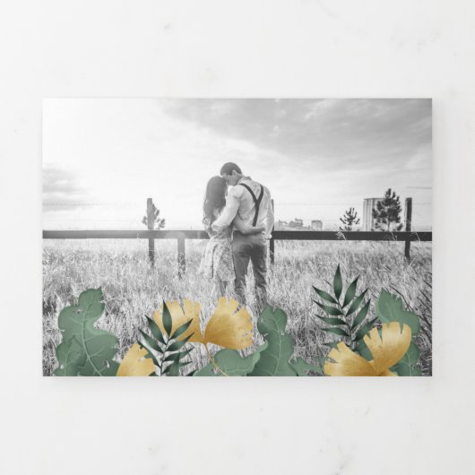 Tropische witte marmeren gele papegaai koppel brui drieluik uitnodiging (Cover)