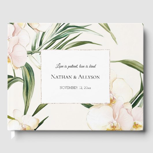 Tropische witte orchidee bloemen bruiloft gastenboek (Voorkant)