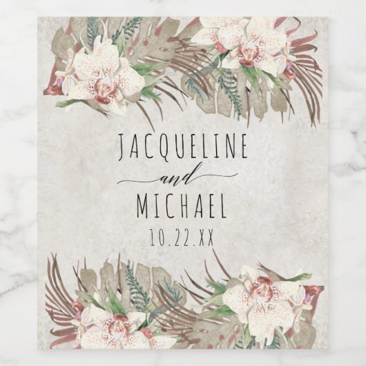 Tropische witte orchidee bloemenstrand woestijn br wijn etiket (Enkel label)