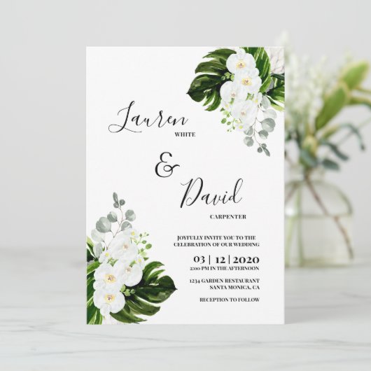 Tropische witte orchideeën groen bruiloft kaart (Staand voorkant)