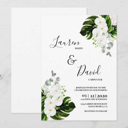 Tropische witte orchideeën groen bruiloft kaart (Voorkant / Achterkant)