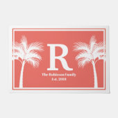 Tropische witte palmbomen en koraalroze familienaa deurmat (Voorkant)