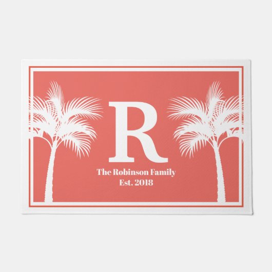 Tropische witte palmbomen en koraalroze familienaa deurmat (Voorkant)