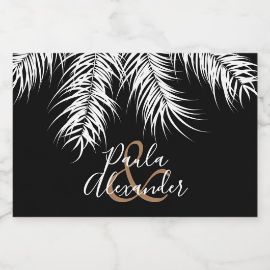 Tropische witte palmen op zwarte achtergrond Mini Sparkling Wijnetiket (Enkel label)