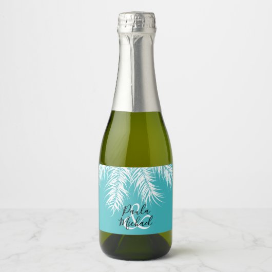 Tropische Witte Palmen Velden op Turquoise Mini Sparkling Wijnetiket (Voorkant)
