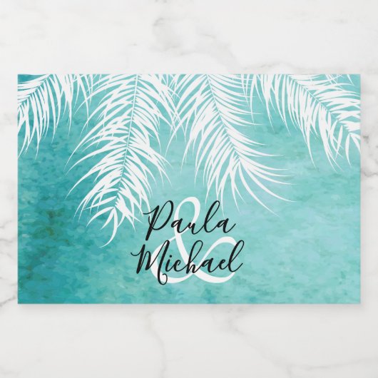 Tropische witte palmschijfjes op Turquoise Mini Sparkling Wijnetiket (Enkel label)