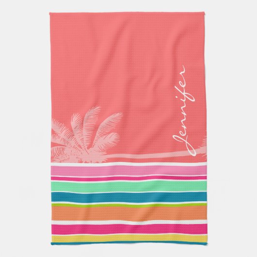 Tropische zalmroze en seafoam Green Theedoek (Verticaal)