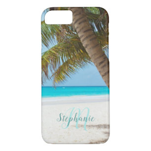 Tropische zandstrand van Turquoise Monogram palmbo iPhone 8/7 Hoesje