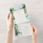 Tropische zandstrand Waterverf palmbomen bruiloft All In One Uitnodiging (Afscheurbaar)