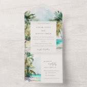 Tropische zandstrand Waterverf palmbomen bruiloft All In One Uitnodiging (Binnen)