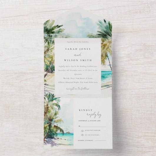 Tropische zandstrand Waterverf palmbomen bruiloft All In One Uitnodiging (Binnen)