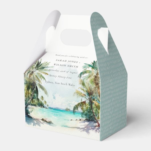 Tropische zandstrand Waterverf palmbomen bruiloft Bedankdoosjes (Voorkant Zijde)