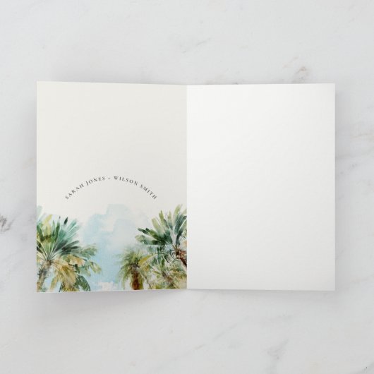 Tropische zandstrand Waterverf palmbomen bruiloft Bedankkaart (Binnen)