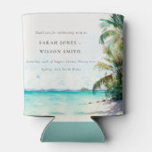 Tropische zandstrand Waterverf palmbomen bruiloft Blikjeskoeler (Achterkant)