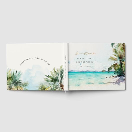 Tropische zandstrand Waterverf palmbomen bruiloft Gastenboek (Volledig)