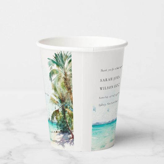Tropische zandstrand Waterverf palmbomen bruiloft Papieren Bekers (Rechts)