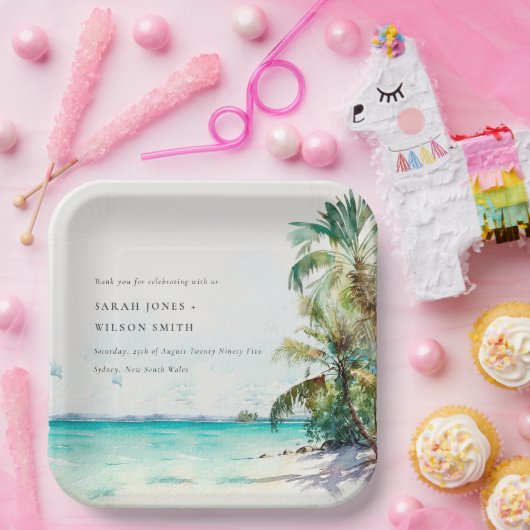 Tropische zandstrand Waterverf palmbomen bruiloft Papieren Bordje (Feest)