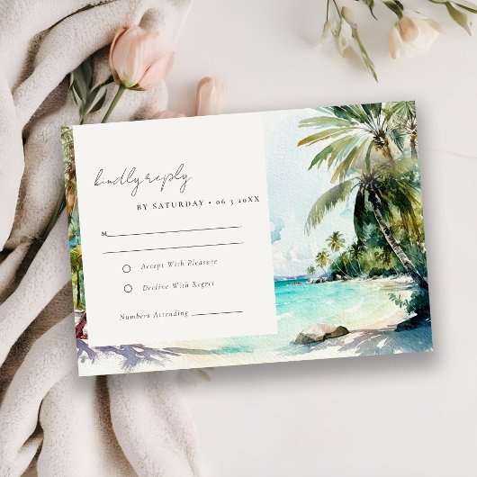 Tropische zandstrand Waterverf palmbomen bruiloft RSVP Kaartje