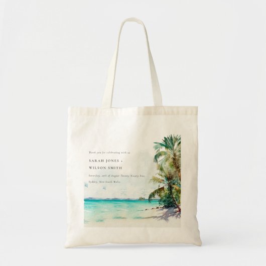 Tropische zandstrand Waterverf palmbomen bruiloft Tote Bag (Voorkant)