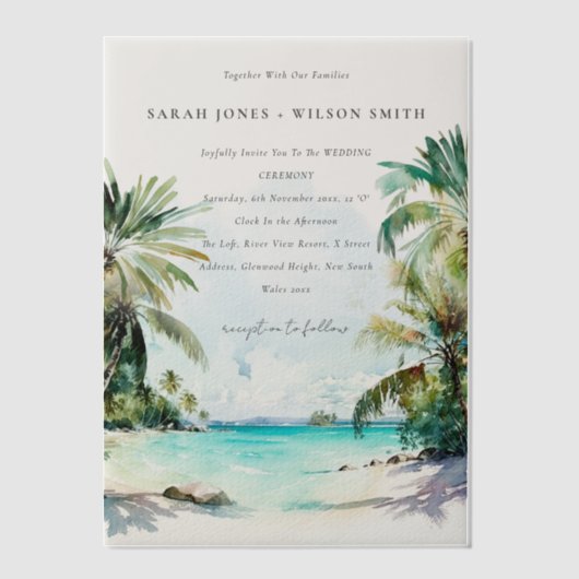 Tropische zandstrand Waterverf palmbomen bruiloft Vellum Uitnodigingen (Voorkant)