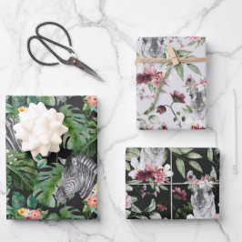 Tropische zebra alpaca grijs roze zwart bloem blad inpakpapier vel