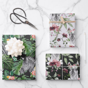Tropische zebra alpaca grijs roze zwart bloem blad inpakpapier vel