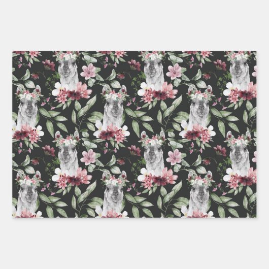 Tropische zebra alpaca grijs roze zwart bloemblad inpakpapier vel (Voorkant 3)