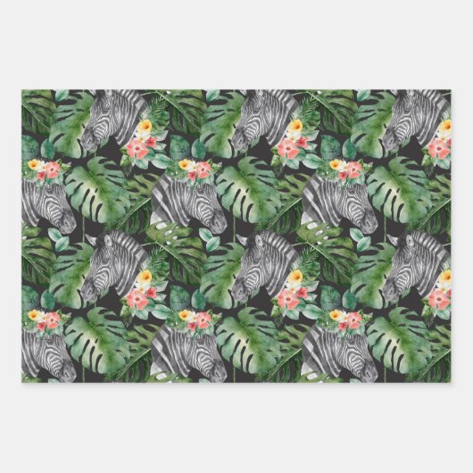 Tropische zebra alpaca grijs roze zwart bloemblad inpakpapier vel (Voorkant)