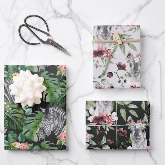 Tropische zebra alpaca grijs roze zwart bloemblad inpakpapier vel (Voorkant)