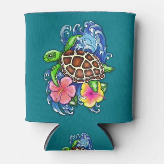 Tropische Zee schildpad en Hibiscus Blikjeskoeler (Voorkant)