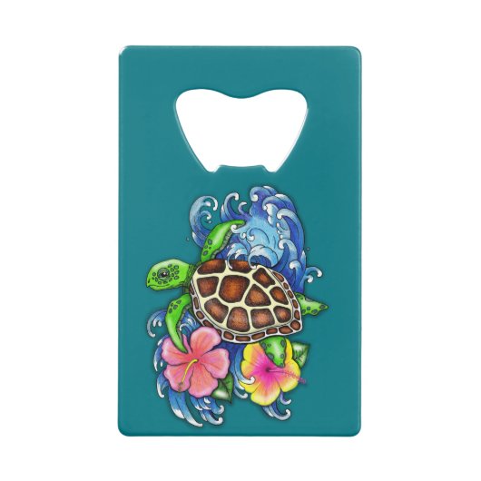 Tropische Zee schildpad en Hibiscus Creditkaart Flessenopener (Voorkant)