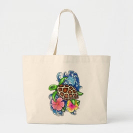 Tropische Zee schildpad en Hibiscus Grote Tote Bag