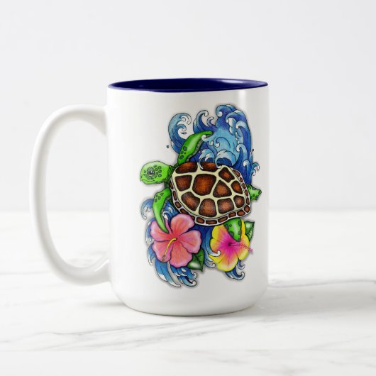 Tropische Zee schildpad en Hibiscus Tweekleurige Koffiemok (Links)