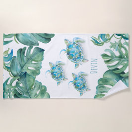 Tropische Zeeen schildpad en palmbladeren Strandlaken