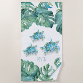 Tropische Zeeen schildpad en palmbladeren Strandlaken