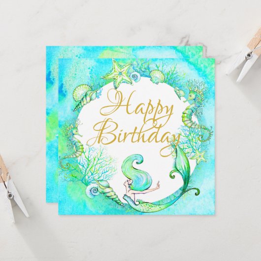 Tropische zeemeermin Happy Birthday Kaart (Voorkant / Achterkant in situ)