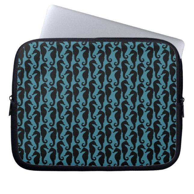 Tropische zeepaardjes, zeepaardpatroon - Blauw zwa Laptop Sleeve (Voorkant)