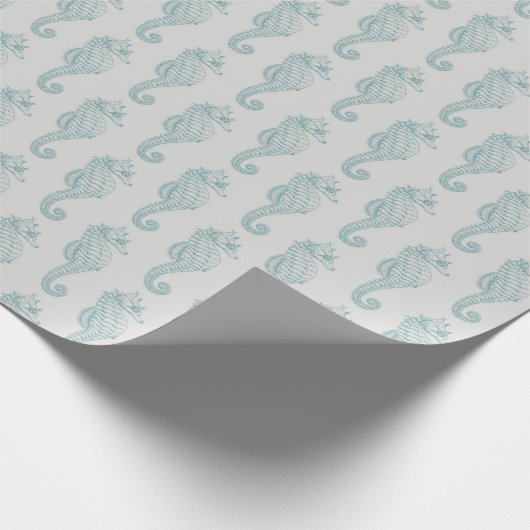 Tropische zeepaardjes, zeepaardpatroon - Blauwe gr Cadeaupapier (Hoek)