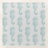 Tropische zeepaardjes, zeepaardpatroon - Blauwe gr Glazen Onderzetter (Voorkant)