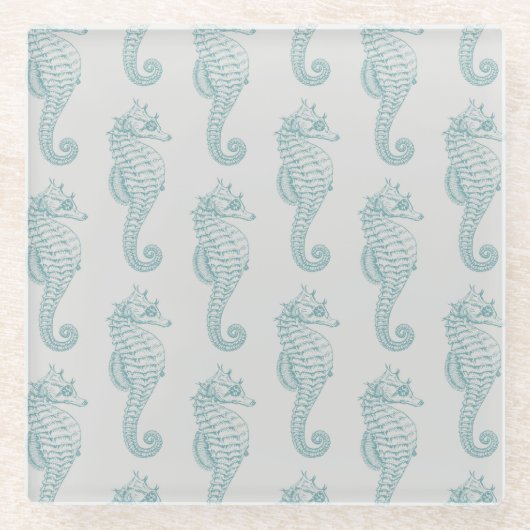 Tropische zeepaardjes, zeepaardpatroon - Blauwe gr Glazen Onderzetter (Voorkant)