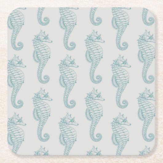 Tropische zeepaardjes, zeepaardpatroon - Blauwe gr Kartonnen Onderzetters (Voorkant)