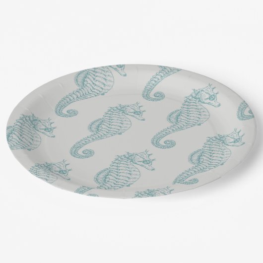 Tropische zeepaardjes, zeepaardpatroon - Blauwe gr Papieren Bordje (Gekanteld)