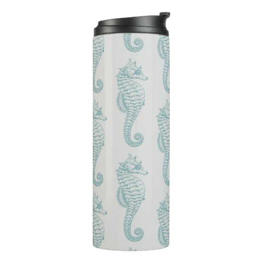 Tropische zeepaardjes, zeepaardpatroon - Blauwe gr Thermosbeker (Gedraaid links)