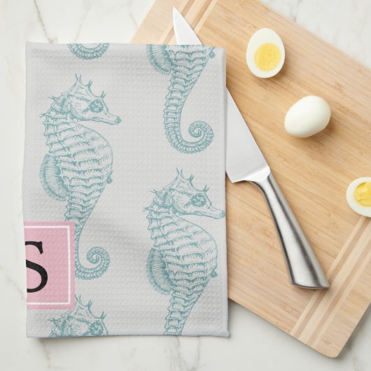 Tropische zeepaardjes, zeepaardpatroon, monogram theedoek (Quarter Fold)
