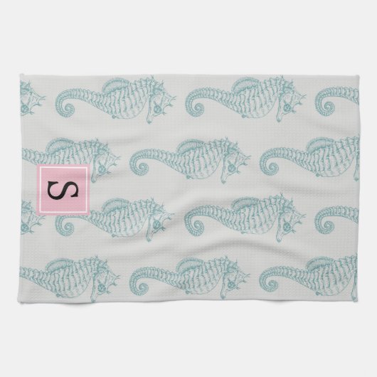 Tropische zeepaardjes, zeepaardpatroon, monogram theedoek (Horizontaal)