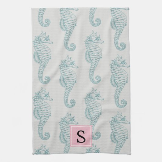 Tropische zeepaardjes, zeepaardpatroon, monogram theedoek (Verticaal)