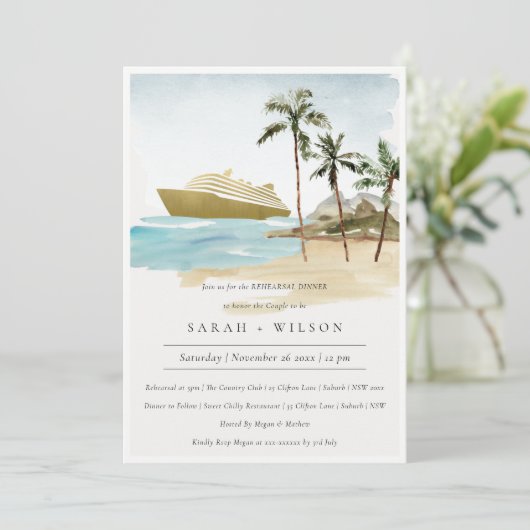 Tropische zeescape Cruise Rehearsal Dinner Invite Bedankkaart (Staand voorkant)