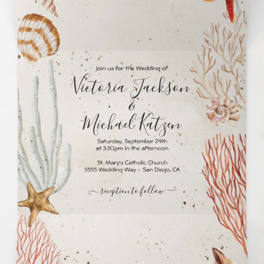 Tropische zeeschelp en koraal zandstrand bruiloft drieluik uitnodiging (Binnenkant midden)